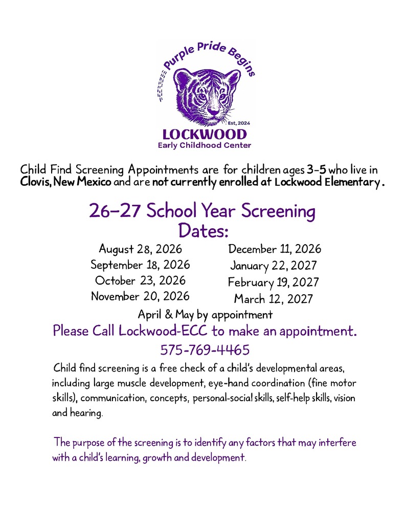A purple and white flyer from Lockwood Early Childhood Center. Screening dates for children ages 3-5.