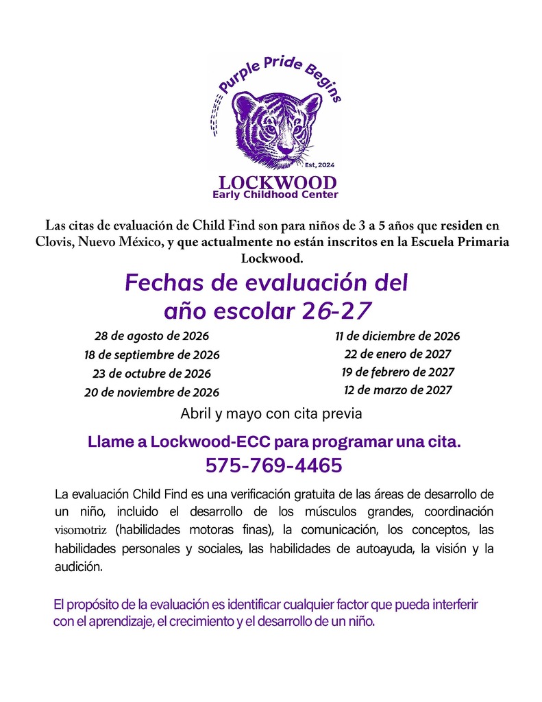 Document with purple and white colors, a tiger logo, and text in Spanish, with evaluation dates and a phone number.