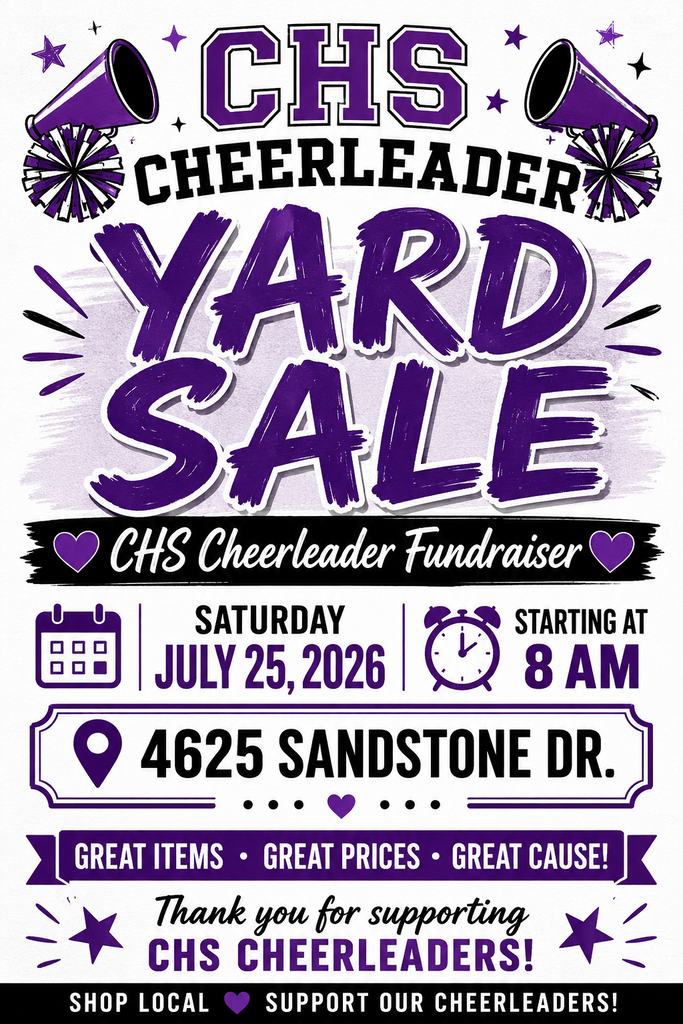 Flyer for a yard sale with purple and white design. Features megaphones and stars. Date: July 25, 2026, 8 AM. Address: 4625 Sandstone Dr.