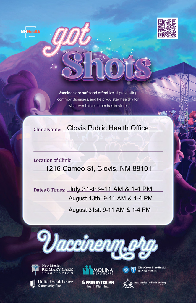 Purple and blue background with text. "Got Shots" in large pink letters. Clinic details below. Dates and times listed. Logos at bottom.
