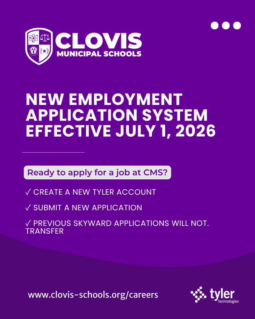 Purple background with "Clovis Municipal Schools" logo. Text "New Employment Application System Effective July 1, 2026." Steps listed for job applications.
