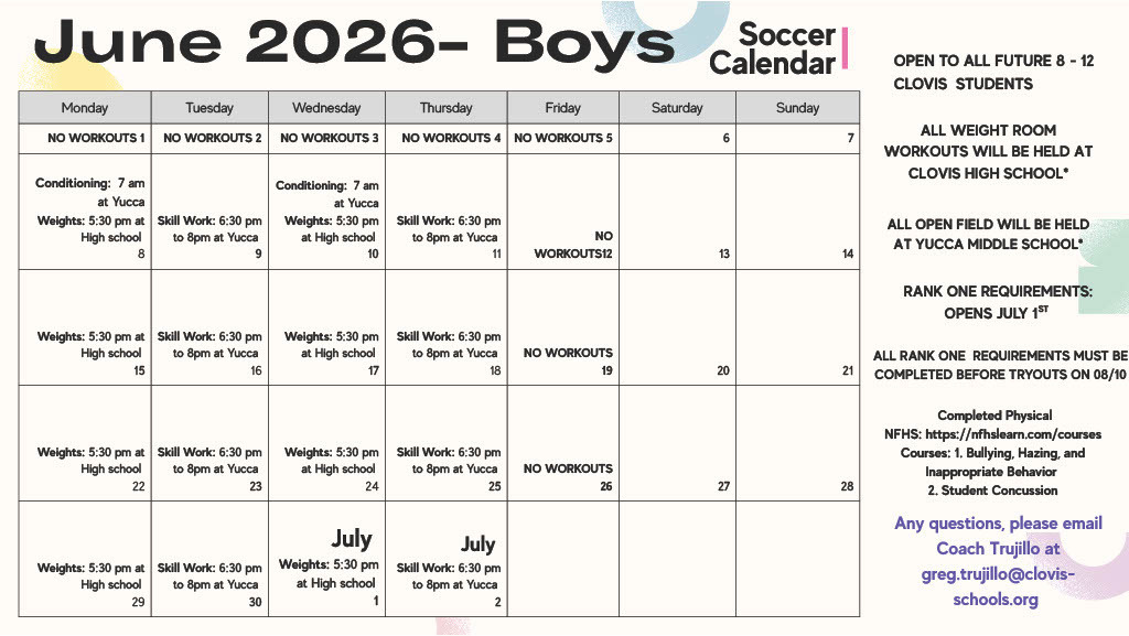A calendar displays dates June to July 2026 with soccer schedules for boys, including details like dates, times, and locations.