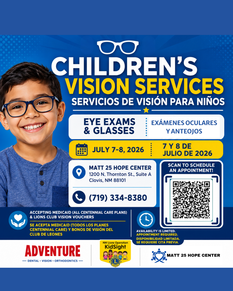 A poster displays a smiling child in glasses, offering children's vision services, including eye exams and glasses.