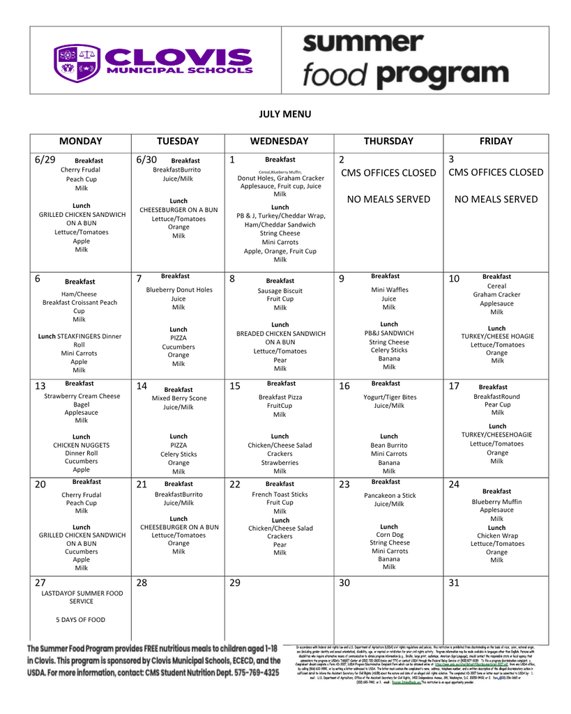 A page with a blue header reading "Summer Food Program" shows a menu for July. Each day lists breakfast and lunch options.