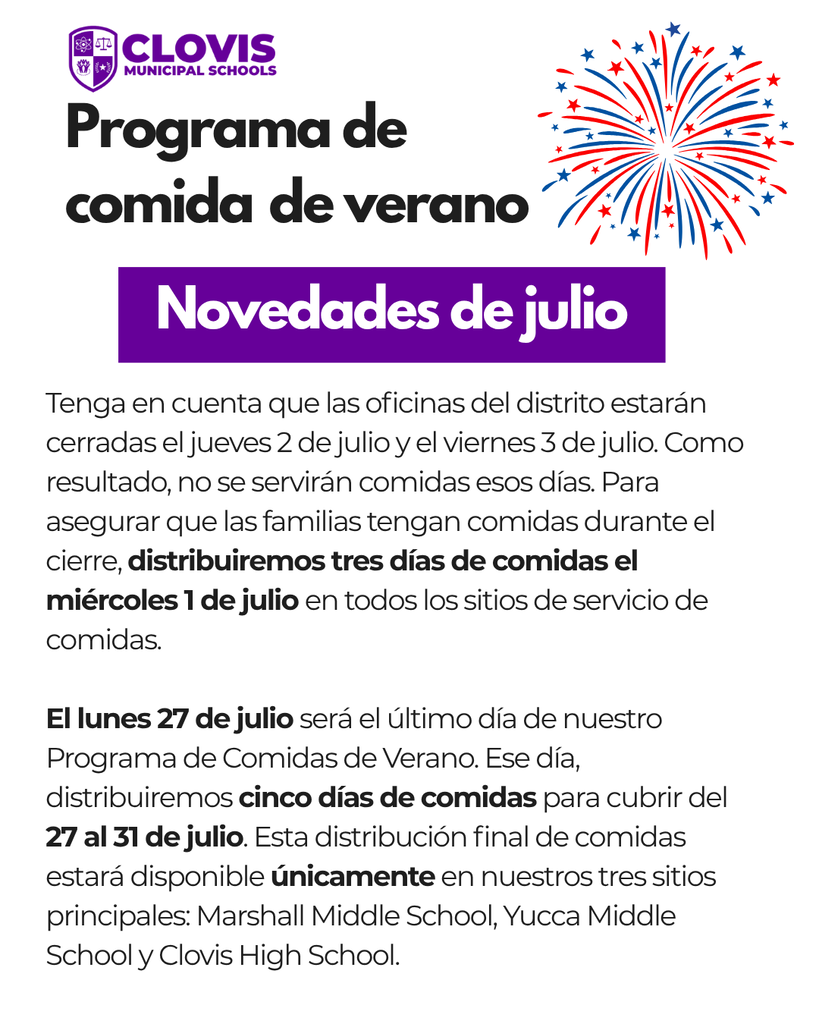 Flyer for Clovis Municipal Schools' summer food program. It mentions July dates with fireworks in the background.