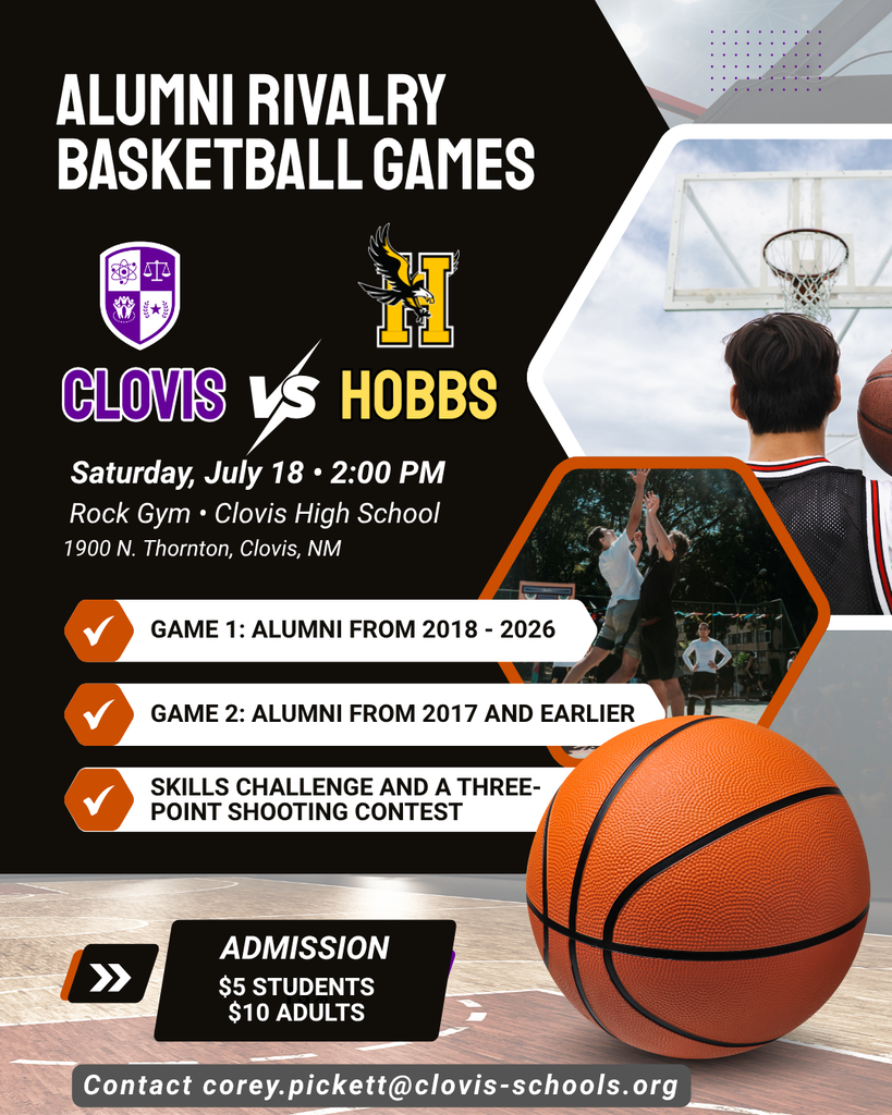 Poster for Clovis vs. Hobbs Alumni Rivalry Basketball Games. Includes games for alumni from 2018-2026 and 2017 and earlier.
