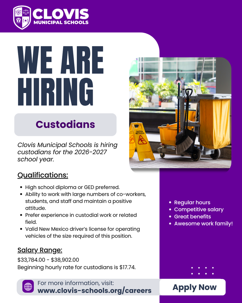 An ad for Clovis Municipal Schools hiring custodians for 2022-2023. It mentions job duties and benefits.
