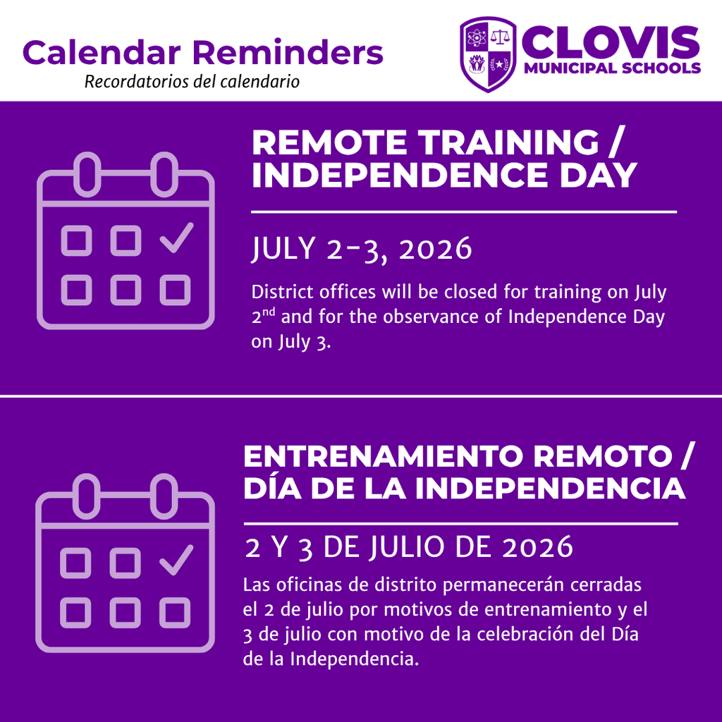 Purple background displays two reminders. First, remote training on July 2-3, 2026. Second, Independence Day observance on July 3, 2026.
