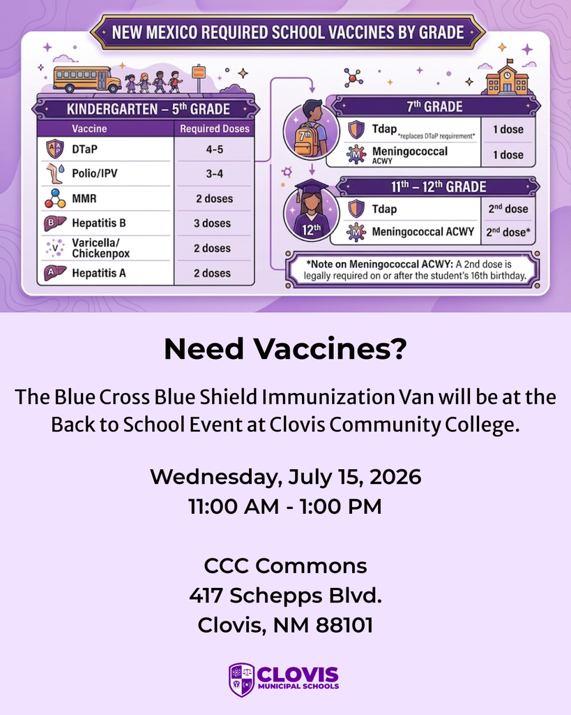 An event flyer highlights vaccination requirements for New Mexico students, listing doses needed for Kindergarten to 12th grade.