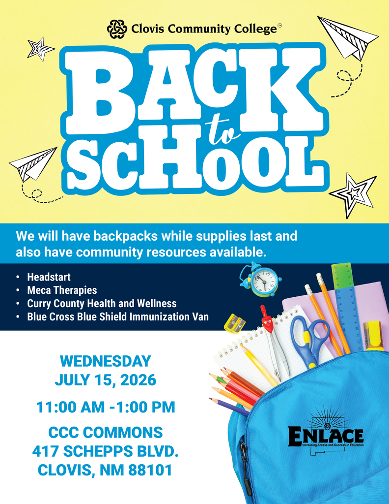 An event poster advertising "Back to School" with a blue backpack filled with school supplies. It includes date, time, location, and participating organizations.