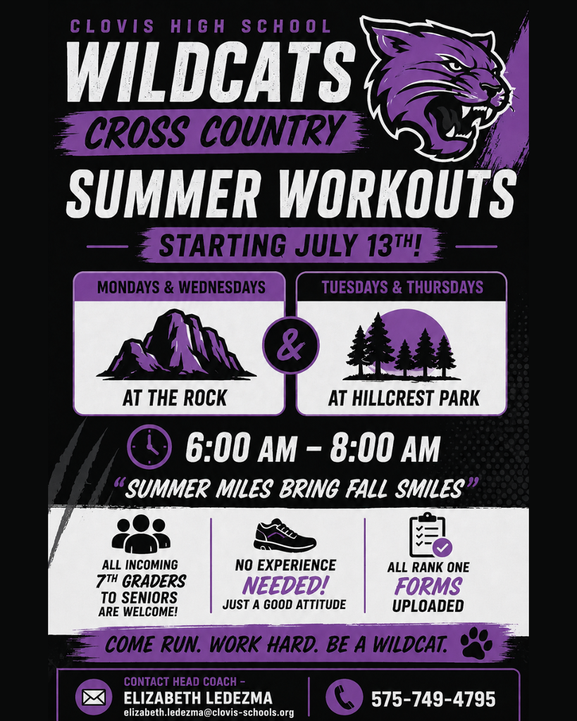 A poster for Clovis High School Wildcats Cross Country Summer Workouts with two locations, dates, and times.