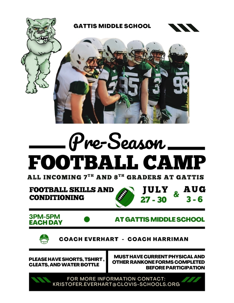 A football camp poster with players in green jerseys. Numbers 23, 95, 3, 98 on jerseys. Camp dates July 27-30 and August 3-6. Location: Gattis Middle School.
