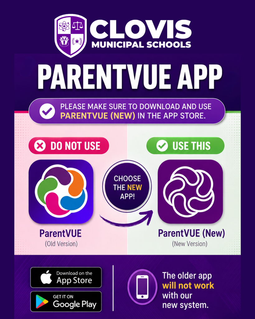 Purple background with text. Two icons side by side. Left icon labeled ParentVUE (Old Version), right icon labeled ParentVUE (New Version).
