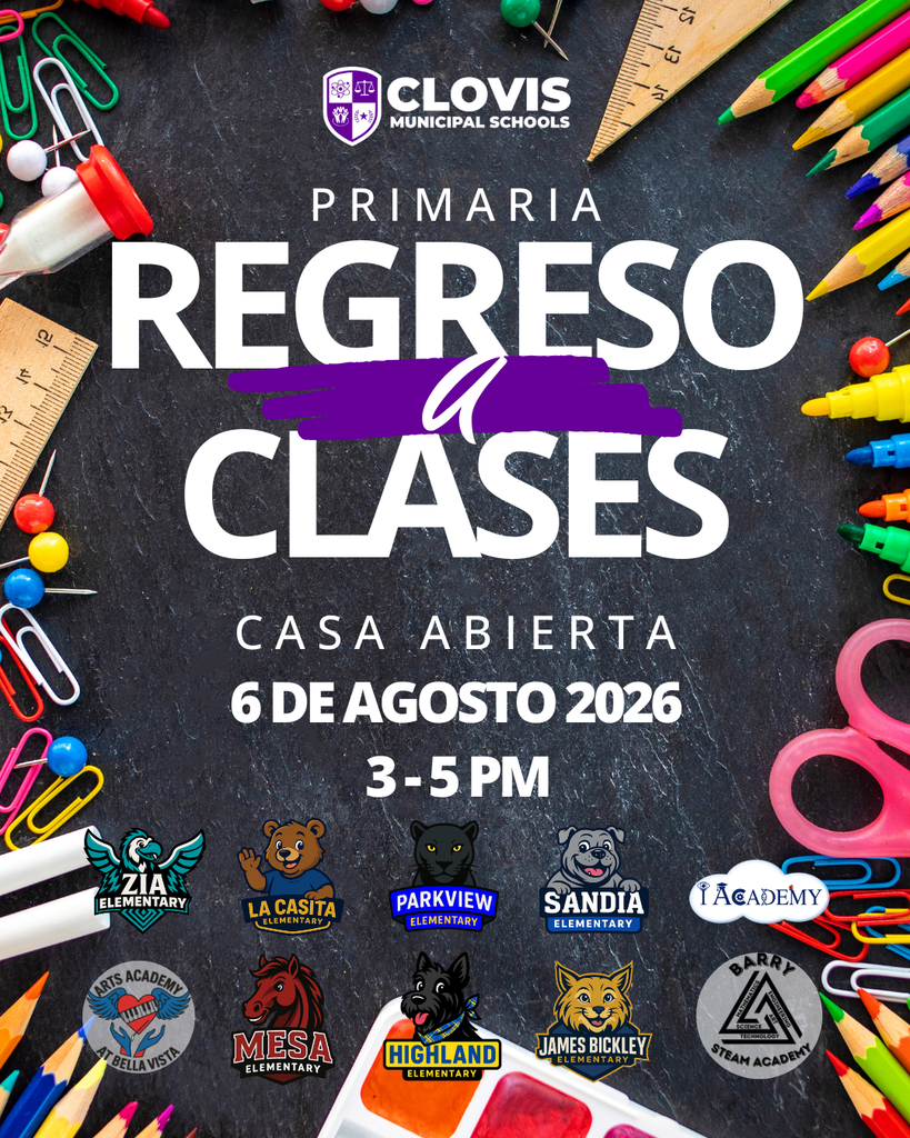 A poster displays "Regreso a Clases" with logos of various schools and school supplies. Date: August 6, 2026. Time: 3-5 PM.