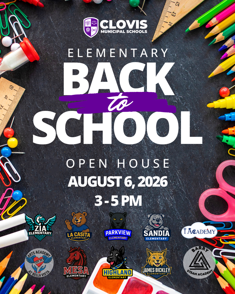 Poster features a black background with colorful school supplies like pencils, scissors, and paperclips. Text reads "Back to School" and "Open House" with dates.