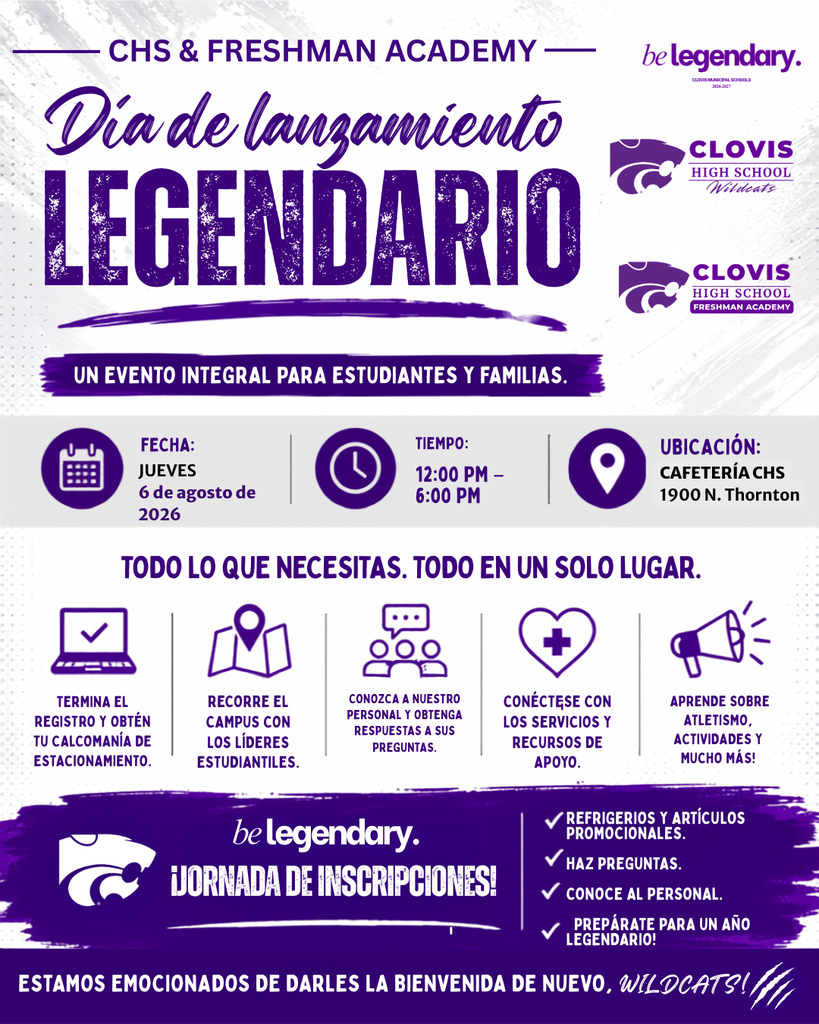 An informational poster in purple and white. Event details include date, time, and location. Icons represent services and information provided.