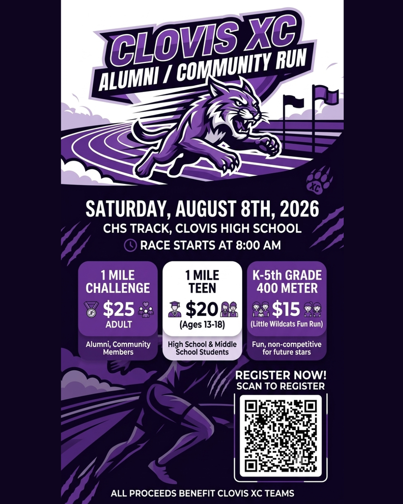 A flyer for the Clovis XC Alumni/Community Run. It features a lion and a runner. It provides details for a run on August 8, 2026.