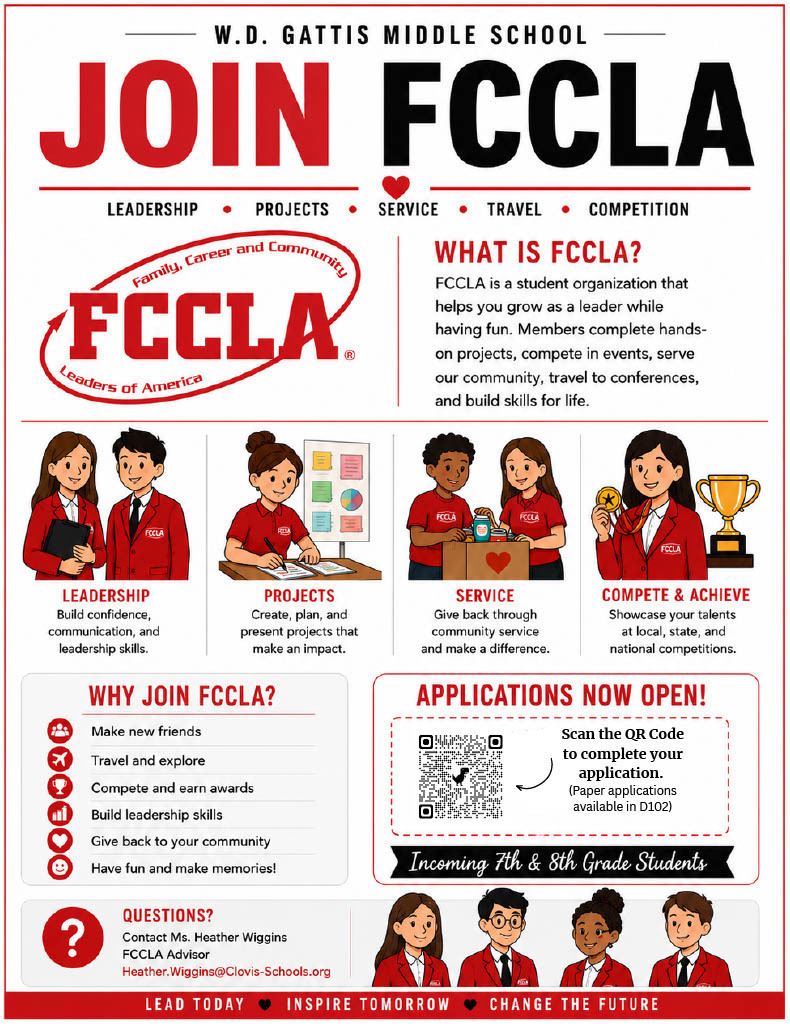 An informational poster with bullet points, headings, and images of students in red uniforms. Topics include leadership, projects, service, competition, and travel.