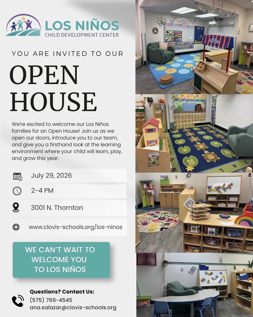 A poster for an open house event by Los Niños. It includes multiple pictures of a playroom with toys, a table, chairs, and rugs.