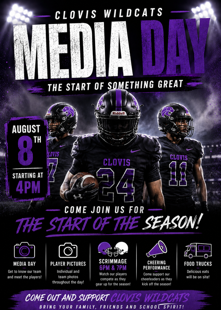 Purple background with white and black text. Three football players in black jerseys with numbers 24, 11, and 7. Text reads "Media Day, August 8th, starting at 4pm."