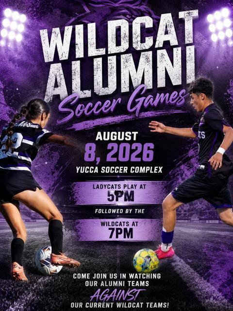 Poster with purple background shows two people playing soccer. It reads "Wildcat Alumni Soccer Games" with dates and times.