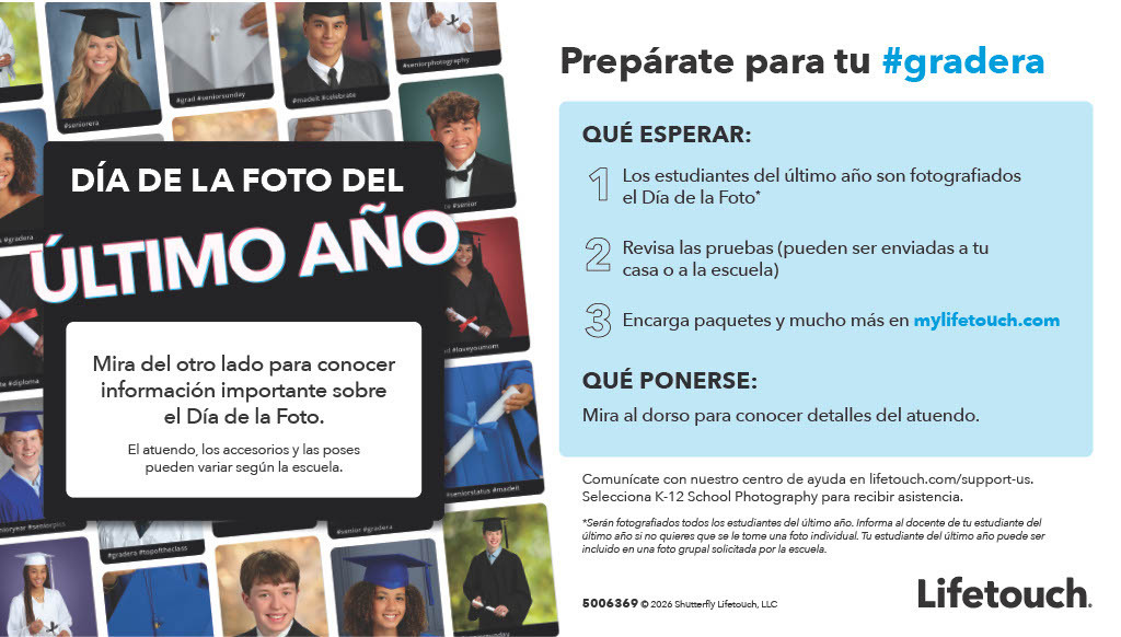 An advertisement for a photography studio. It shows photos of students in graduation attire and highlights details about the photo day.