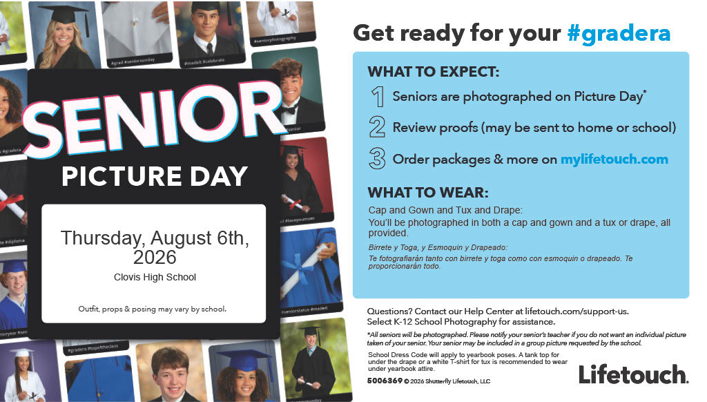 A flyer for Senior Picture Day on August 6, 2026, at Clark High School. The flyer lists expectations and attire.