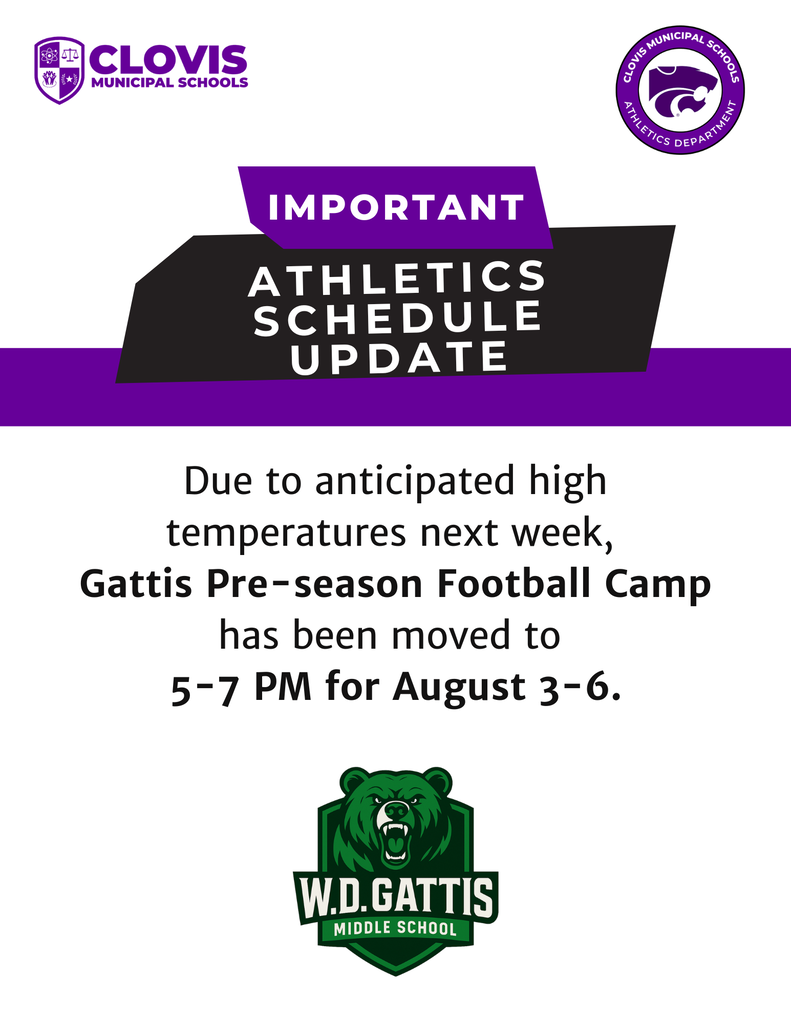 An announcement with a purple and black banner and white background. It says "Important Athletics Schedule Update" and lists a time change.