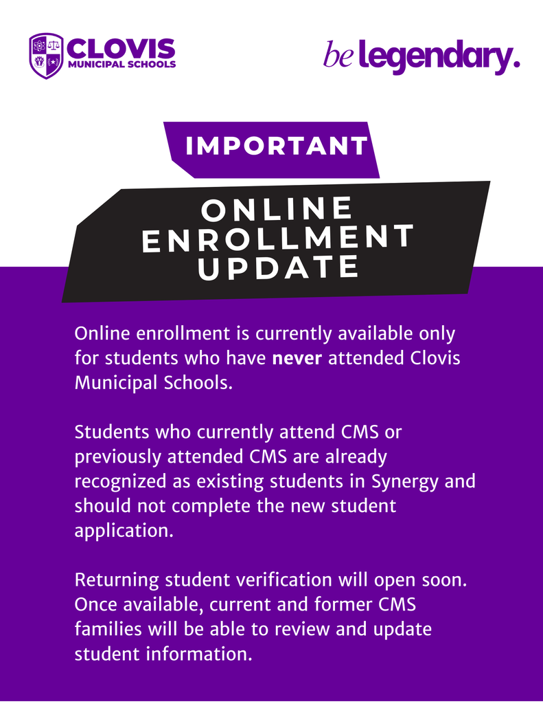 Purple and white text on a white background. Header reads "Important Online Enrollment Update." Information about enrollment.