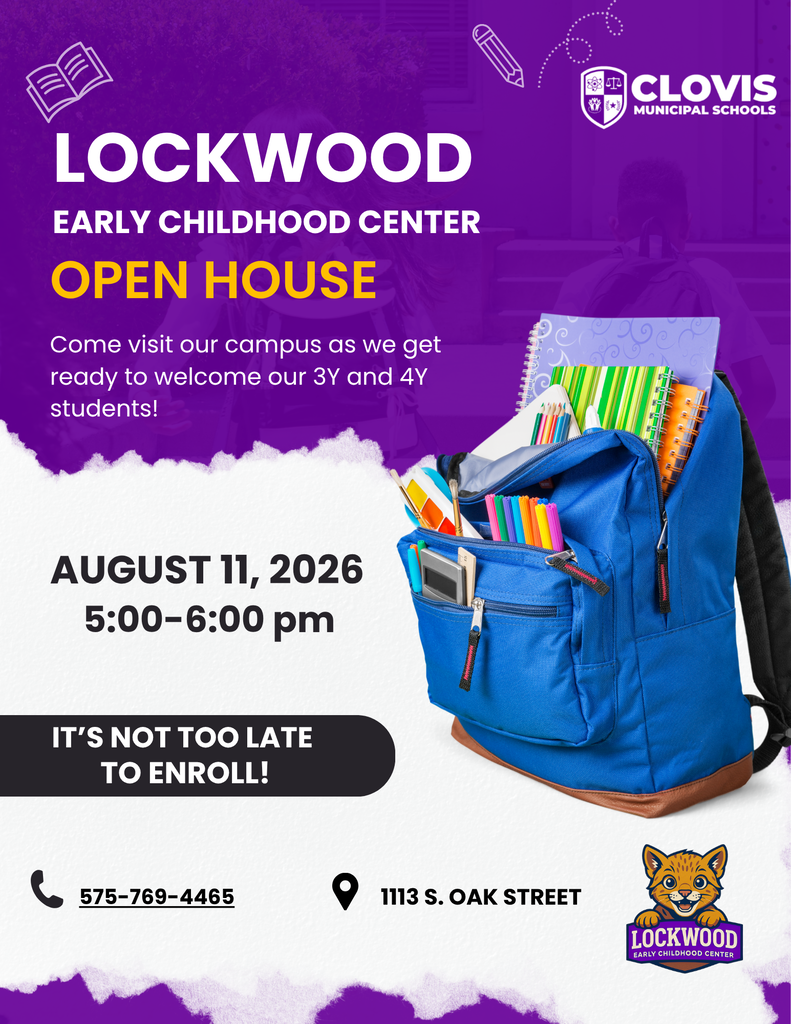 Purple background with text reading "Lockwood Early Childhood Center Open House" and a filled blue backpack.
