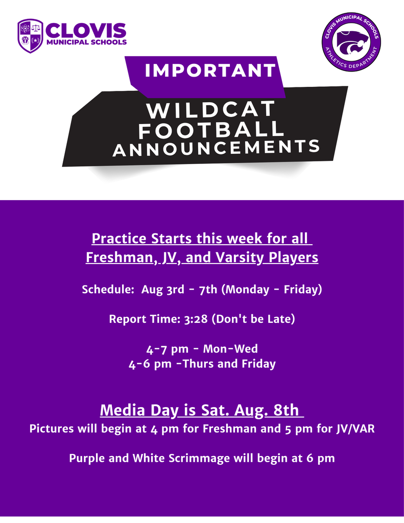 Purple and white text on black and purple background. It reads "Wildcat Football Announcements" and gives practice times.