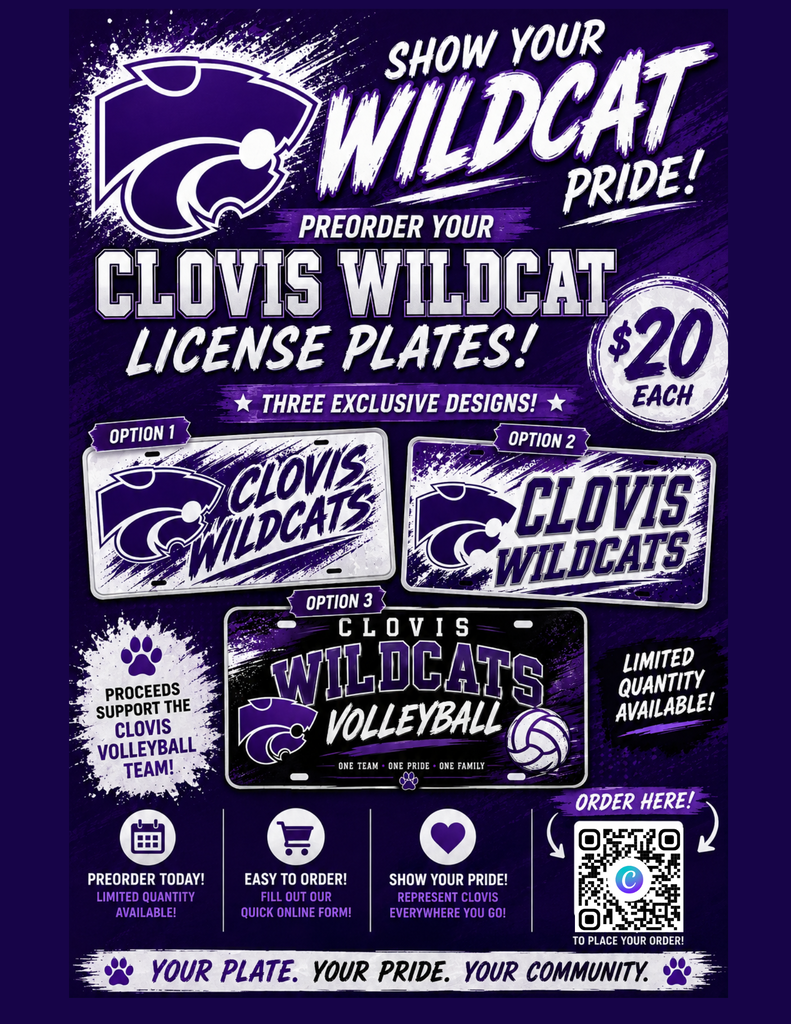 A poster promoting Clovis Wildcats license plates. It shows three designs. Price is $20 each. A QR code is provided for ordering.