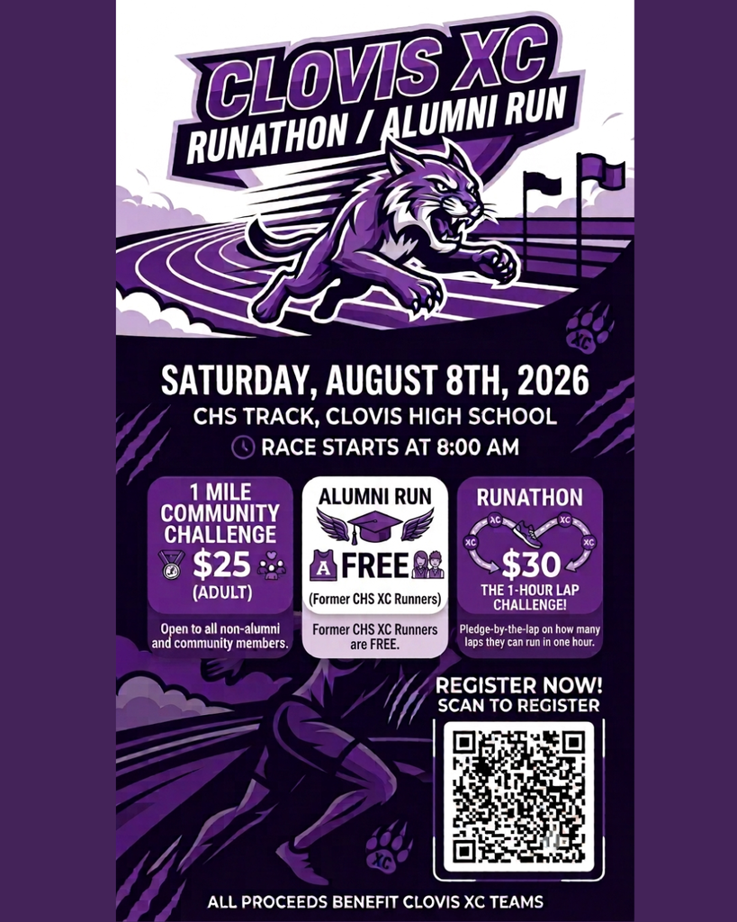 Purple background, white text. "Clovis XC RUNathon/Alumni Run" and lion graphic at top. Dates, times, and fees listed. QR code for registration.