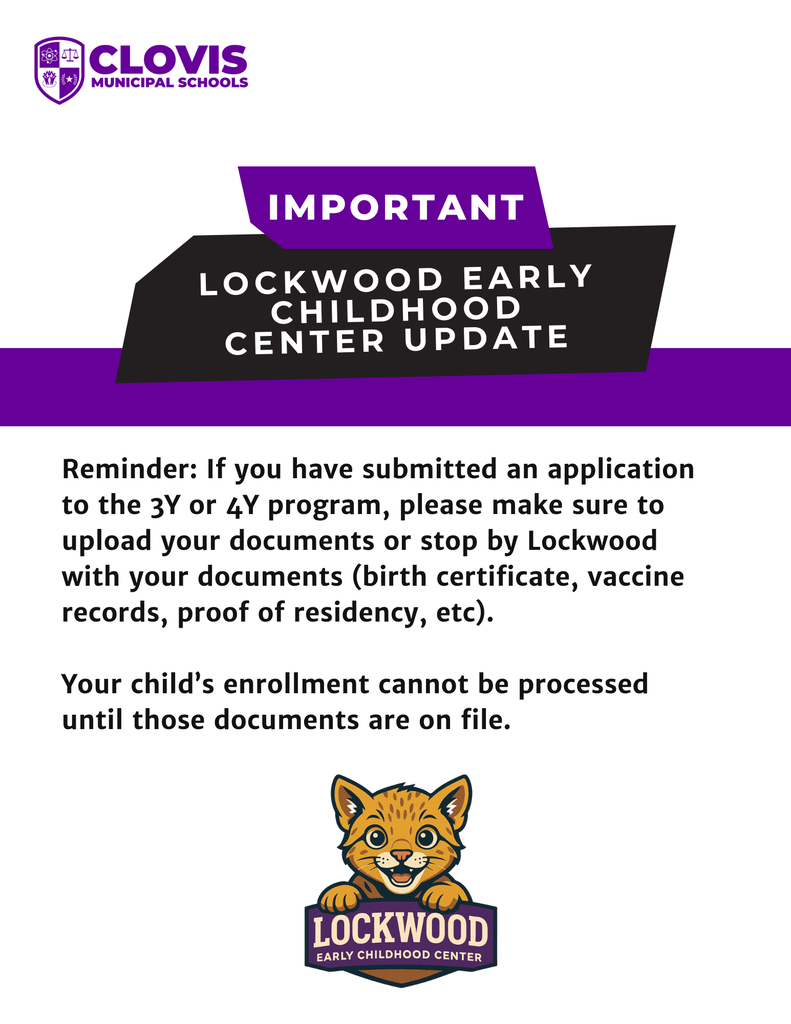 White background with purple stripe. An important notice from Clovis Municipal Schools about the Lockwood Early Childhood Center.