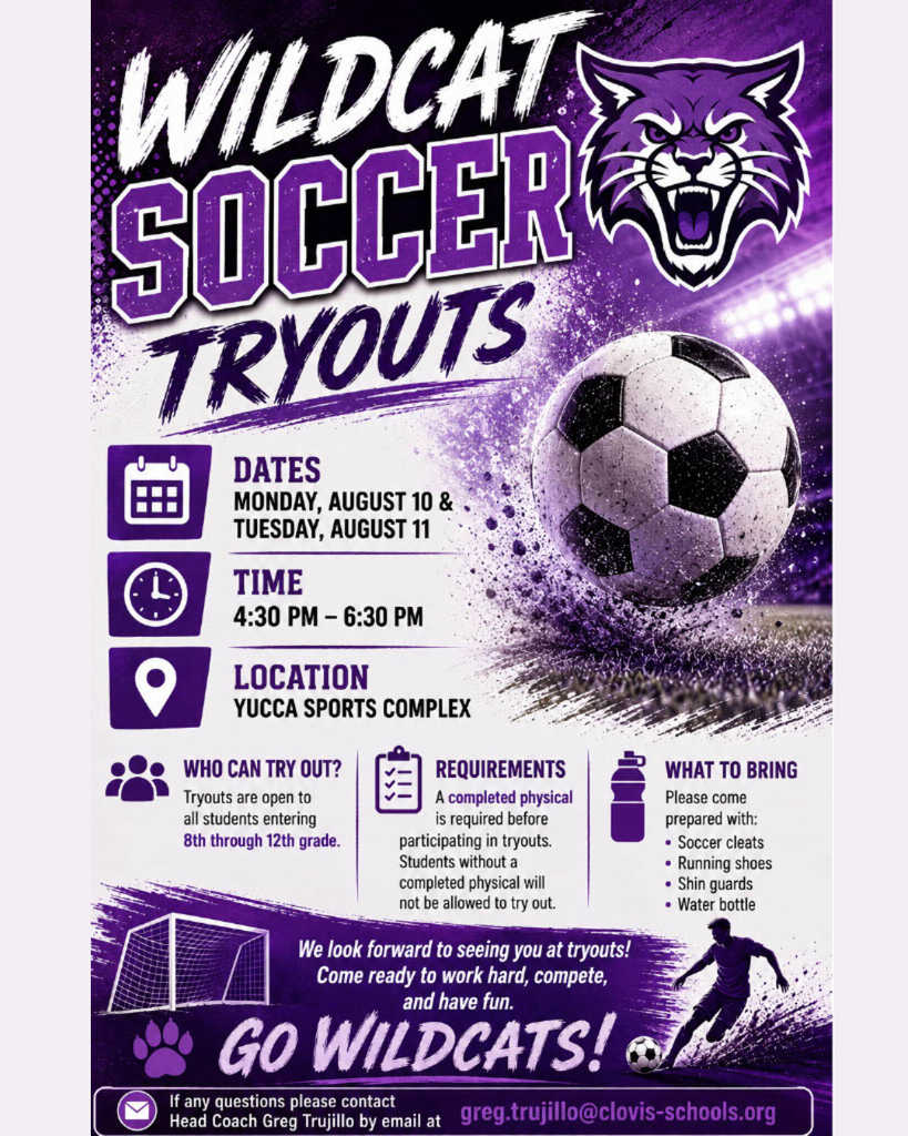 A poster advertises Wildcat Soccer Tryouts, featuring a cat and soccer ball, with dates, time, and location details.