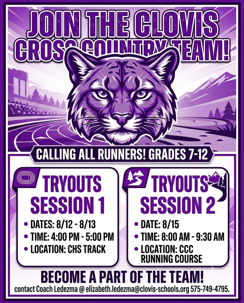 Purple poster with a tiger head and race track. Text reads "Join the Clovis Cross Country Team" and "Calling all runners! Grades 7-12." Two tryout sessions are listed.
