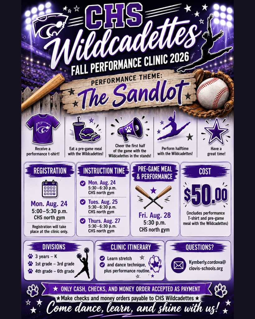 A flyer with a purple background and bold text. It highlights the "CHS Wildcattettes Fall Performance Clinic 2026" and features icons for a t-shirt, megaphone, star, and baseball equipment.