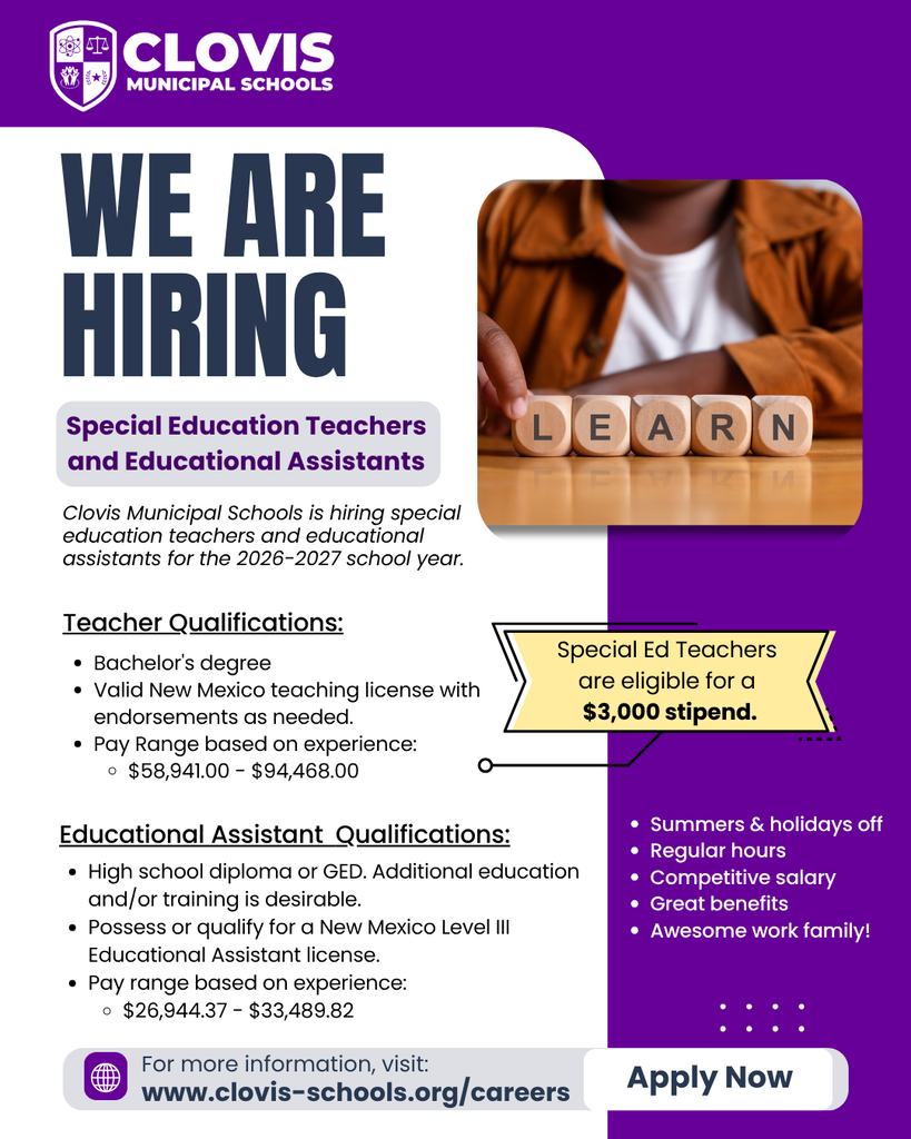 An advertisement for special education teachers and educational assistants. It includes qualifications and benefits.