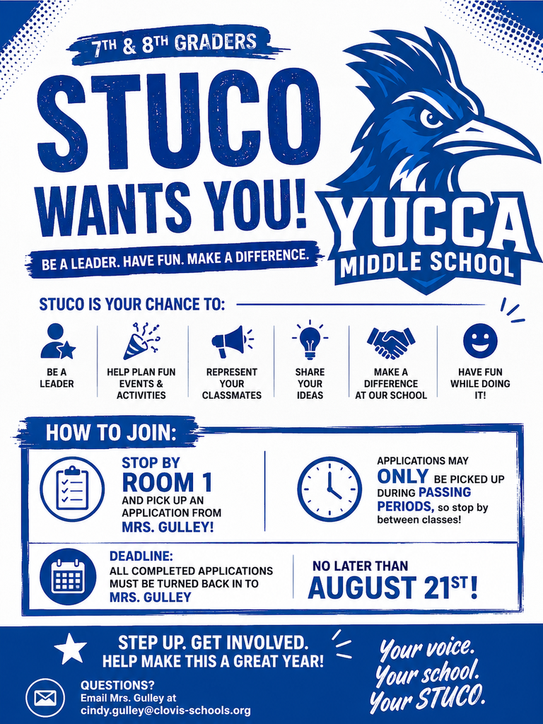 Yucca Middle School poster with blue eagle, text "STUCO Wants You!", instructions, icons, and contact details for applications.