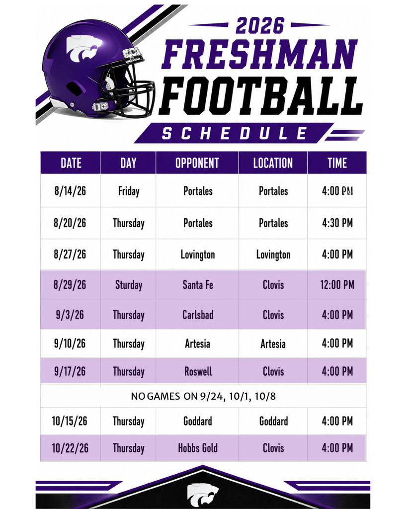 A football schedule poster shows game dates, days, opponents, locations, and times. It features a purple helmet with a white logo.