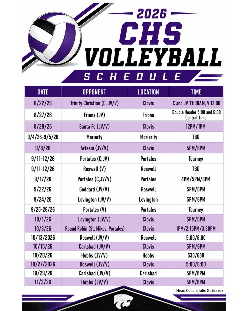 A sports schedule for 2026 featuring volleyball game dates, opponent teams, locations, and times.