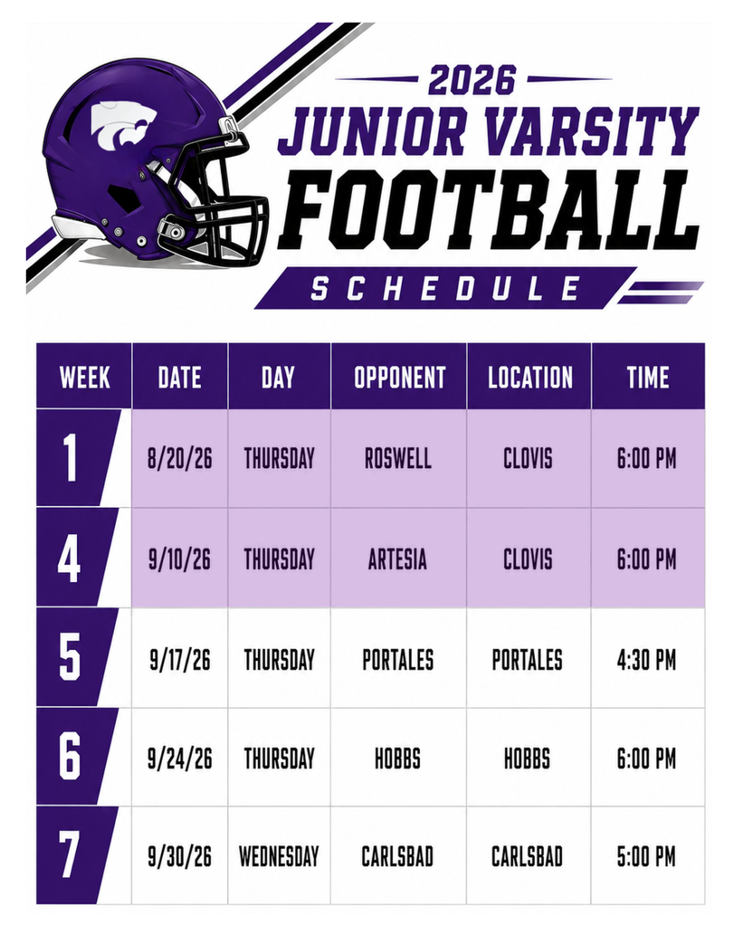 Sports schedule in purple and white with a helmet graphic and a purple and white stripe.