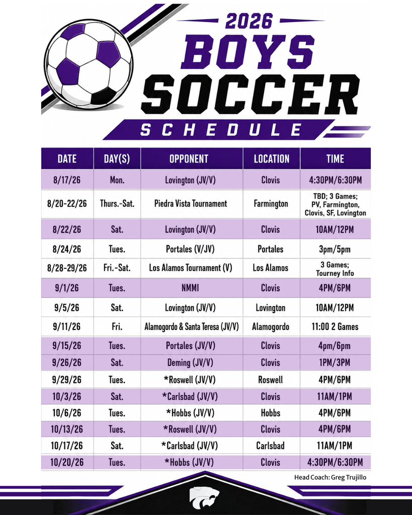 Soccer schedule shows dates and times for matches with opponents, locations, and game start and end times.