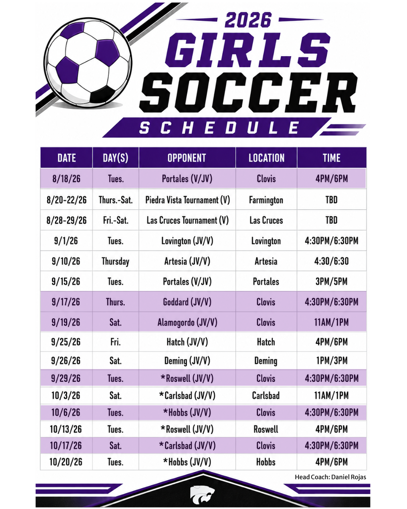 A poster with a soccer ball image displays the 2026 Girls Soccer Schedule, including dates, times, opponents, and locations.