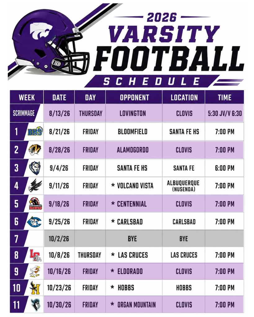 A schedule of the 2026 varsity football season. The list includes dates, opponents, and locations.