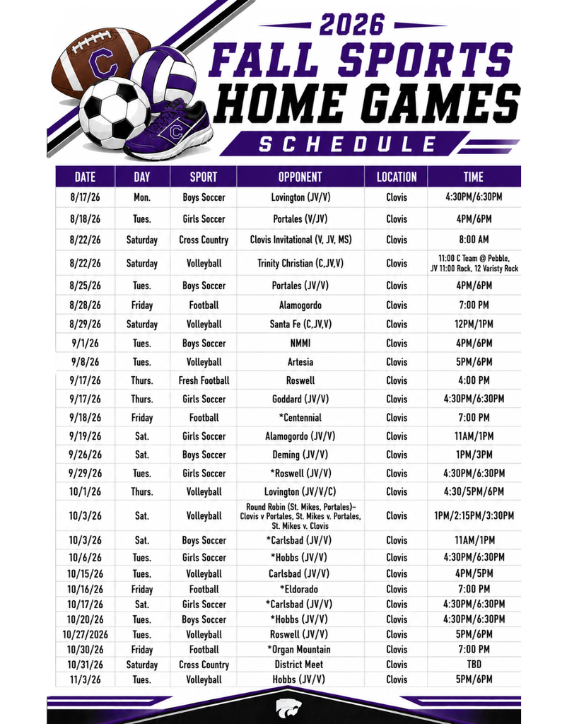 Sports schedule for fall sports home games at Cline, dates and times listed for football, soccer, volleyball, and cross country.