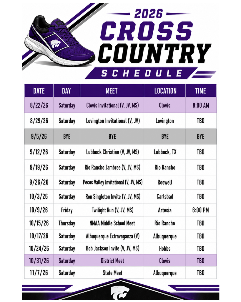 A schedule for the 2026 Cross Country shows dates, locations, and times for various events.