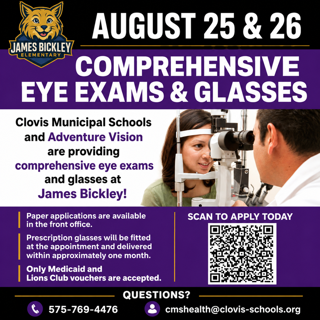 An ad for eye exams and glasses on August 25 & 26 at James Bickley. It shows a man with a visor and a woman with a slit lamp.