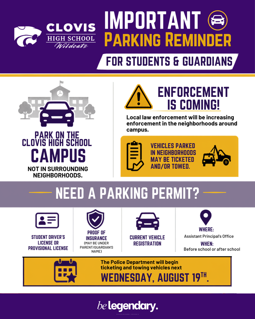 An informational poster titled "Important Parking Reminder" includes icons and text about parking on a high school campus.