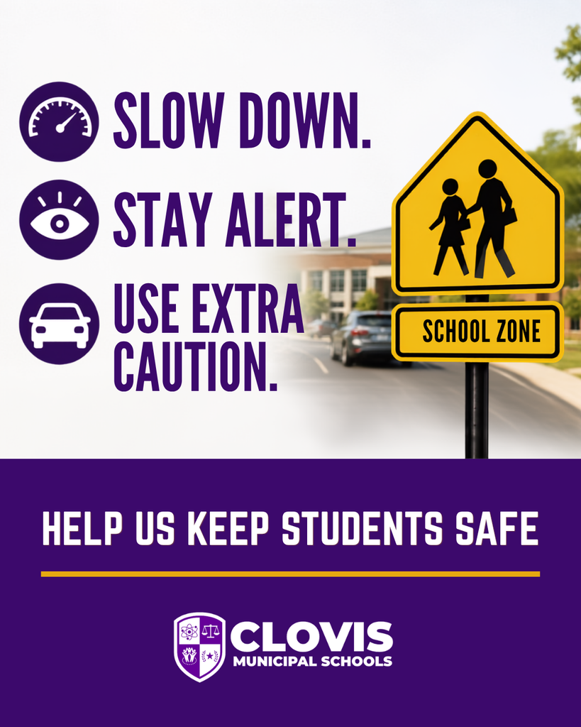 Purple and white sign with "Slow Down", "Stay Alert", "Use Extra Caution" icons. A yellow "School Zone" sign.